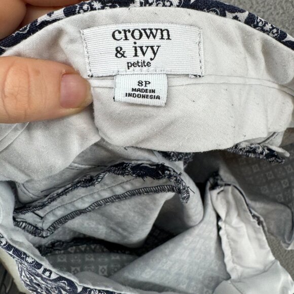 Crown Ivy Printed Ankle Pants Womens Black White Flat Front Stretch Size 8P - Picture 4 of 9